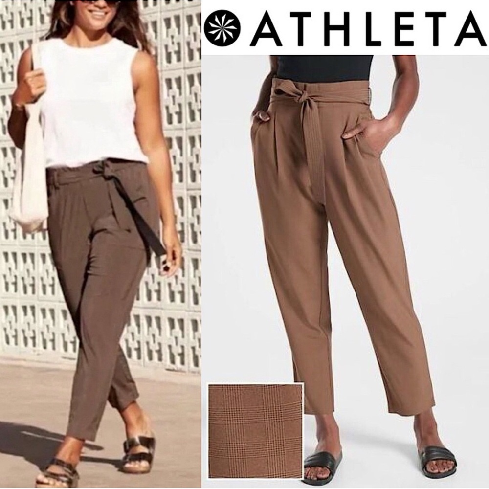 🌺Athleta Brown Airy Lightweight Skyline Plaid Pant II Paperbag Waist Tie Size 0P